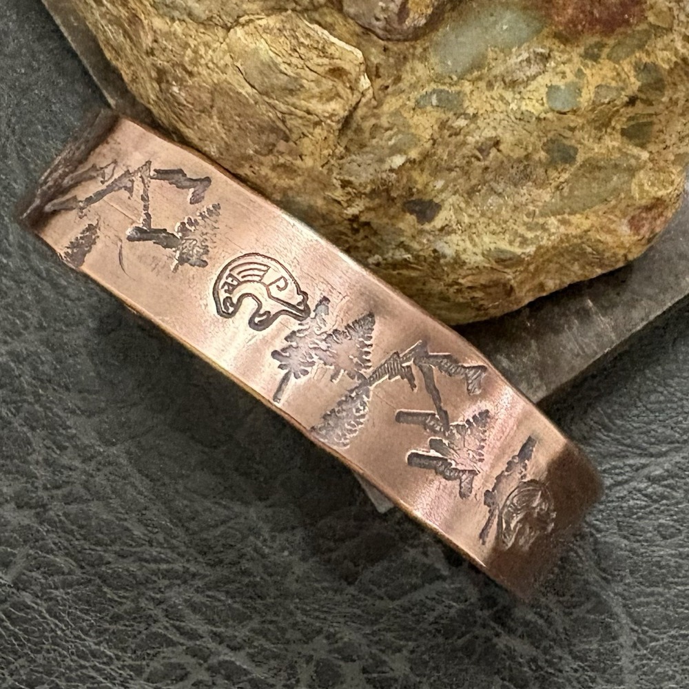 Womens Copper Mountain 1/2" Cuff Spirit Bear Trees Heavy Thick Handmade Bracelet